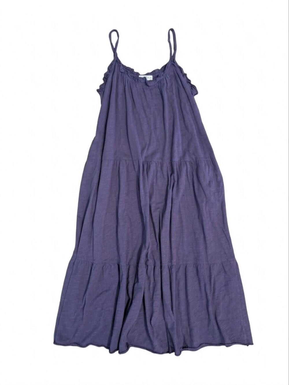 Natural Life Purple Tiered Cotton Midi Dress M Ruffle Neck Boho Pockets Slub